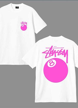 Мужская футболка stussy 8 ball pink logo белая унисекс стусси