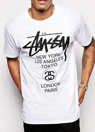 Мужская футболка stussy london paris белая унисекс стусси