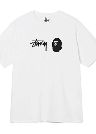Чоловіча футболка stussy x bape біла унісекс колаборація страсі та бейп