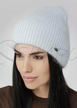 Шапка ангоровая без подкладки с отворотом leks люкс небесный