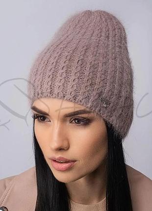 Шапка ангоровая женская с красивой мелкой вязкой утепленная флисом без манжета leks форма темная пудра