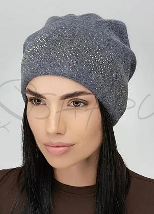 Шапка ангоровая украшена стразами утепленная флисом сзади сцепленная leks алмаз гранит