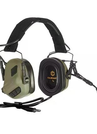 Навушники захисні активні earmor m32plus-fg, snr/nrr 22 дб, знімний мікрофон, живлення від 2 батарейок aaa, olive