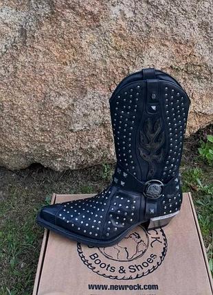 New rock сапоги ковбойки проклепани m-7928-s1 черная кожа оригинал