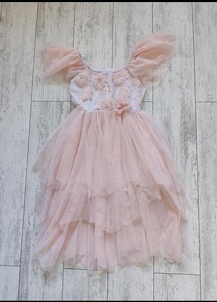 Нарядное розовое фатиновое платье с цветами на 9-10-11 лет