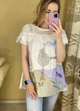 Вишита блуза кофтинка з мереживом
