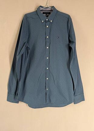 Мужская рубашка Tommy hilfiger slim fit (синяя с принтом, размер xl)
