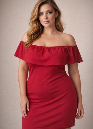Диагональный рубчик 🌹 сукня b.you 👗 красное платье с открытыми плечами 💃 коктейльное платье с оборкой xl xxl