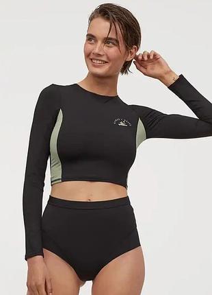 Кроп-топ / лонгслив для купания, серфинга и пляжа h&amp;m (women + waves, черный с оливковыми вставками, размер xs)