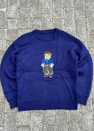 Темно-синий вязаный свитер с мишкой в стиле polo ralph lauren bear