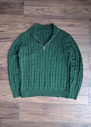 Чоловічий зелений в’язаний светр косами на блискавці 100% бавовна / half-zip джемпер кофта