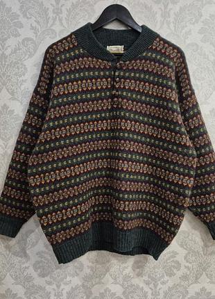 Винтажный шерстяной свитер оверсайз highland glen fair isle, 100% шерсть, made in scotland, размер xl