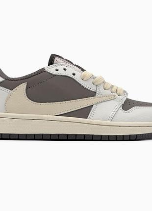 Кросівки чоловічі, кросівки жіночі, 1в1 люкс якість, шкіра, nike air jordan 1 low x travis scott beige/gray, sky-nik-0518