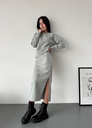 Теплый ангоровый женский костюм кофта и юбка миди с разрезом сбоку