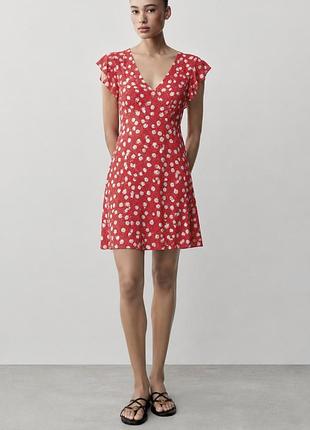 Платье pepe jeans  xs, s, модель mila, вискоза, летнее красное с цветочным принтом и оборками на рукавах, червона міні сукня у квітковий принт