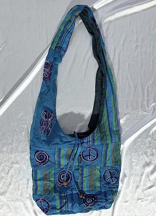 Хіпі сумка блакитна з вишивкою пейс, 37*35 см