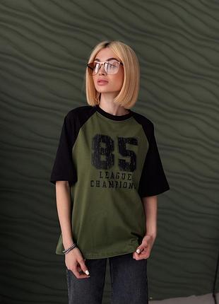 Жіноча футболка оверсайз  "champion" «85» хакі