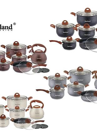 Набор посуды haus roland hr120-1 (14 предметов) из нержавеющей стали: кастрюли 2,6/3,6/6,1 л; ковш 1,9 л; сковорода 2,9 л; чайник