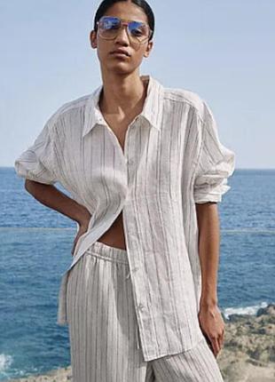 Лляна сорочка оверсайз h&m у тонку смужку (100% льон), арт. 1204901