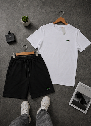 Набір чоловічий lacoste, біла футболка + чорні шорти, бавовна, вишивка, шнурок, s-xxl