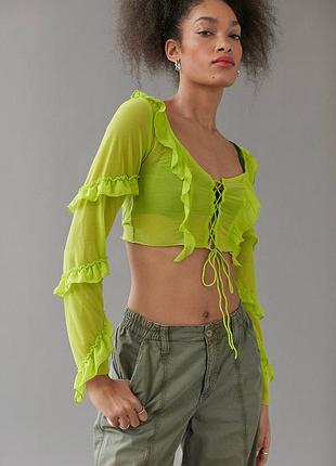 Топ-сетка y2k неонового цвета женский с завязками переплетами urban outfitters