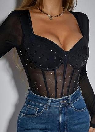 Чорна боді-сітка зі стразами