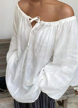 Льняная белая блуза рубашка с открытыми плечами zara s, m
