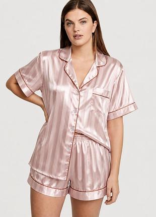 Пижама женская сатиновая victoria’s secret, летний комплект, рубашка и шорты