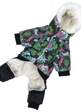 Зимний комбинезон на меху цветы зелёные унисекс одежда для собак