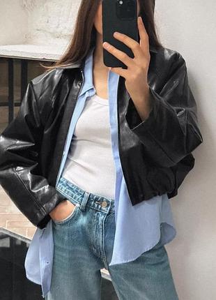 Чорний бомбер з екошкіри від zara / черный бомбер с экокожи зара