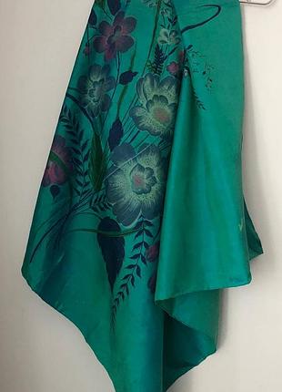 Шовкова хустка ручної роботи з таїланду (100% thai silk hand made) / вінтажна хустка з квітковим розписом 87х91 см