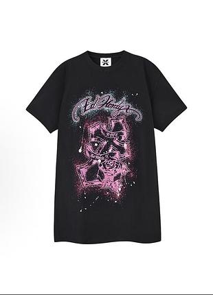 Сукня футболка жіноча ed hardy у стилі y2k чорна з рожевим принтом, оверсайз