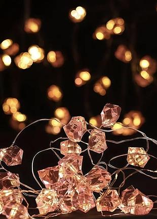 Світлодіодна гірлянда на батарейках кристали рожеві камені 3 метри led гірлянда краплі роси декор