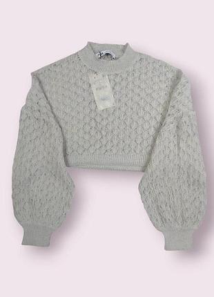 Свитер вязаный ажурный женский серый zara, размер s, короткий