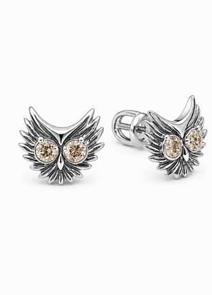 Серебряные серьги “совы” с желтым кубическим цирконом черновии- яркий акцент для твоего образа!
