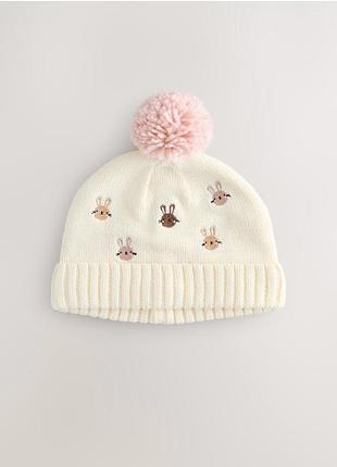 Шапка/шапочка next pink/cream embroidered bunny character pom knitted hat