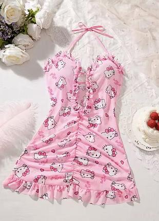 Пеньюар,сетка,с принтом hello kitty,платье с рюшами