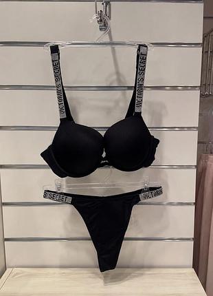 Чорний комплект білизни victoria’s secret push-up 80b / 36b — бюстгальтер і стрінги