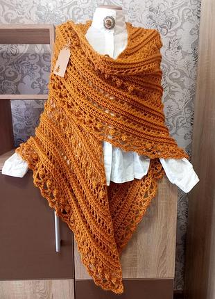 Вязаный теплый шаль платок ручной работы / горчичная бактус накидка hand made