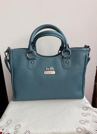 Сумка -месенджер coach -брендова,класична,жіноча,з екошкіри,бірюзово-блакитного відтінку
