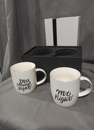 Набір керамічних чашок triple gifffted "mr. right & mrs. always right"