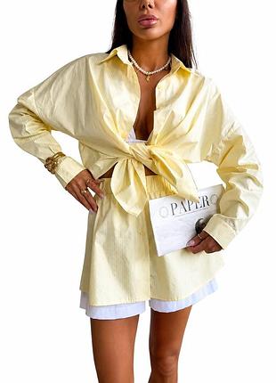 Женский летний костюм из льна в полоску oversize лимонного цвета