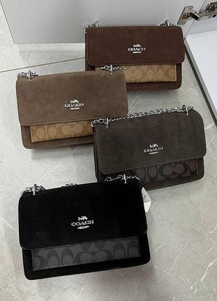 Сумочка coach на ланцюжку з замшевою вставкою, сумка коач через плече