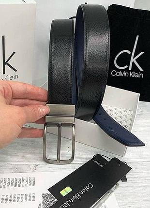 Мужской ремень calvin klein черный / синий двусторонний на подарок
