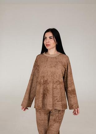 Женский базовый свободный лонгслив прогулочный двунитка коричневый lpmzx-4 2xl-5xl