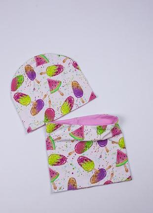 Комплект детский для девочки (шапка бини и снуд хомут) демисезонний двусторонний трикотажный kdd-2 48-50