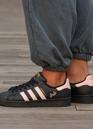Кроссовки мужские, кроссовки женские, 1в1 люкс качество, кожа, adidas superstar smile black pink, inter-2262