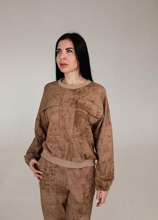 Женский базовый свободный свитшот короткий двунитка коричневый skmzx-4 2xl-5xl
