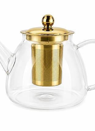 Скляний чайник gk-5807 1 л dammann із золотистою кришкою та зручним ситечком для заварювання чаю прозорий