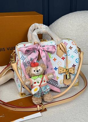 Louis speedy 25 premium x murakami натуральная кожа канва сумка брендовая луи белая с брелоком медвежонок
